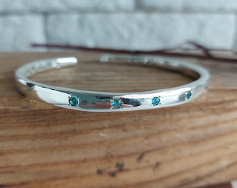 Cuff Bracelet, Silver Cuff Bracelet, Bangle Bracelet, Engrave Birthstone Bracelet, Open Cuff, Gift for Mom, Birthday Gift, Blue Topaz Bangle