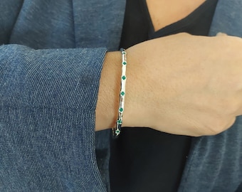 Emerald and silver bangle bracelet, Organic shape bangle, Gemstone Bangle, Cuff Bangle