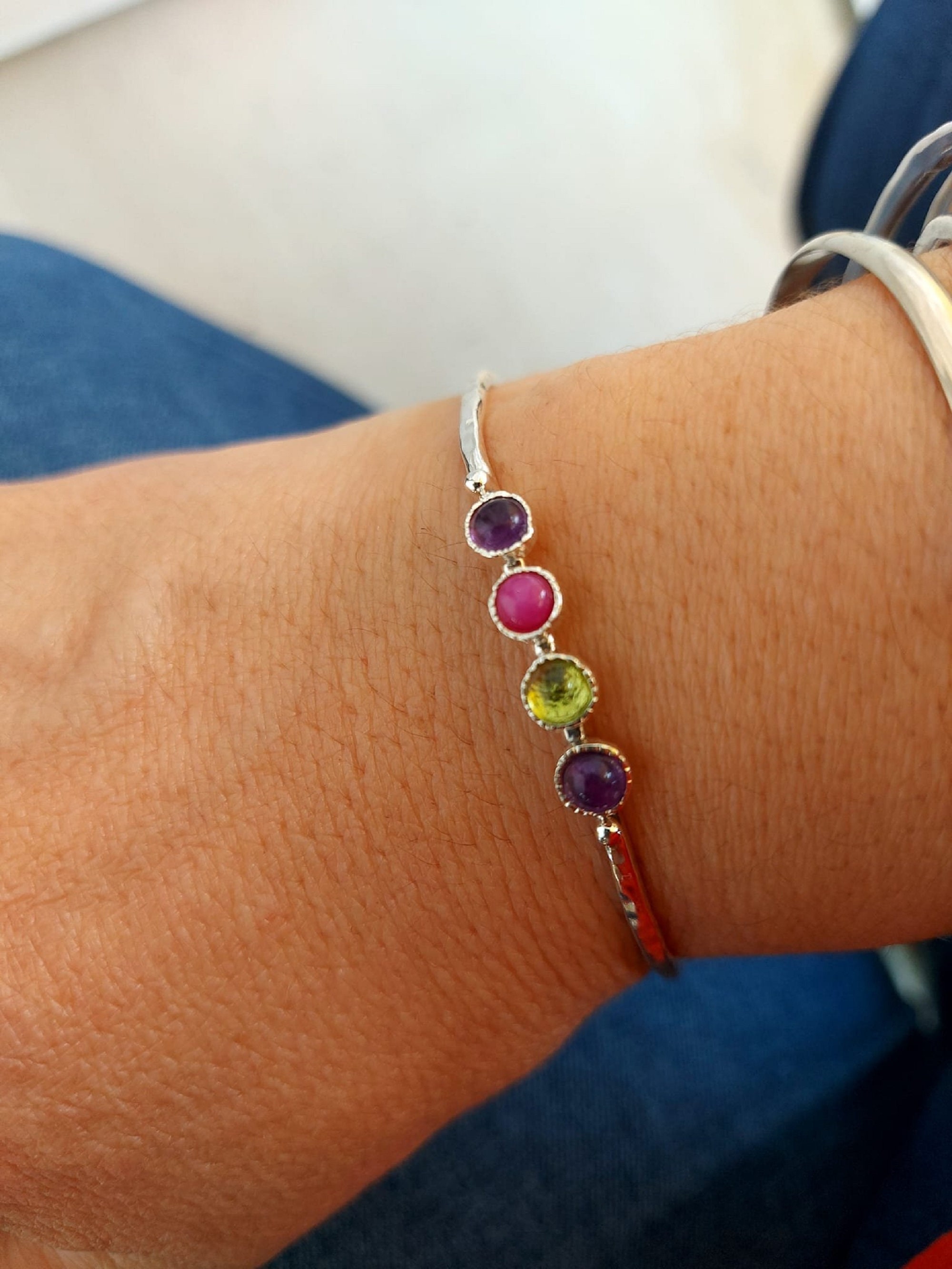 Sterling Silver Birthstone Bangle Bracelet: Personalized Family Jewelry