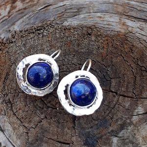 Lapis lazuli Earrings, Hammered Earrings, Sterling Silver, Blue Silver Earrings, Anniversary Earrings, Lapis lazuli Jewelry, Gift for Mom