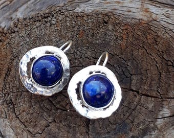 Lapis lazuli Earrings, Hammered Earrings, Sterling Silver, Blue Silver Earrings, Anniversary Earrings, Lapis lazuli Jewelry, Gift for Mom