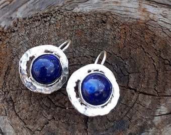 Lapis lazuli Earrings, Hammered Earrings, Sterling Silver, Blue Silver Earrings, Anniversary Earrings, Lapis lazuli Jewelry, Gift for Mom