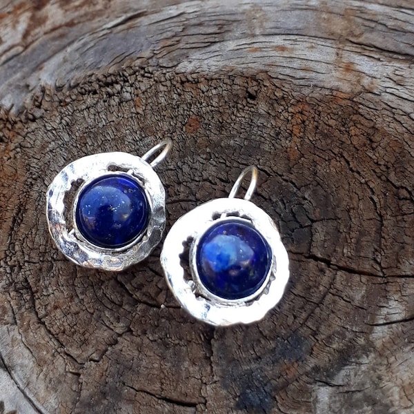 Lapis lazuli Earrings, Hammered Earrings, Sterling Silver, Blue Silver Earrings, Anniversary Earrings, Lapis lazuli Jewelry, Gift for Mom