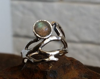 Labradorite ring, Twig ring, Silver band ring, Botanical Jewelry, Gemstone ring