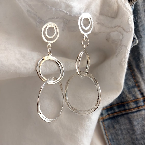 Silver Hoop Earrings Long Drop Earrings Dangle Silver Earrings Modern Earrings Etsy
