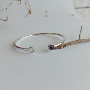 Silver Bangle Bracelet, Birthstone Bracelet, Gemstone Cuff Bracelet, Custom Cuff Bracelet with Stone, Birthstone Jewelry, Anniversary Gift Amethyst, Quartz