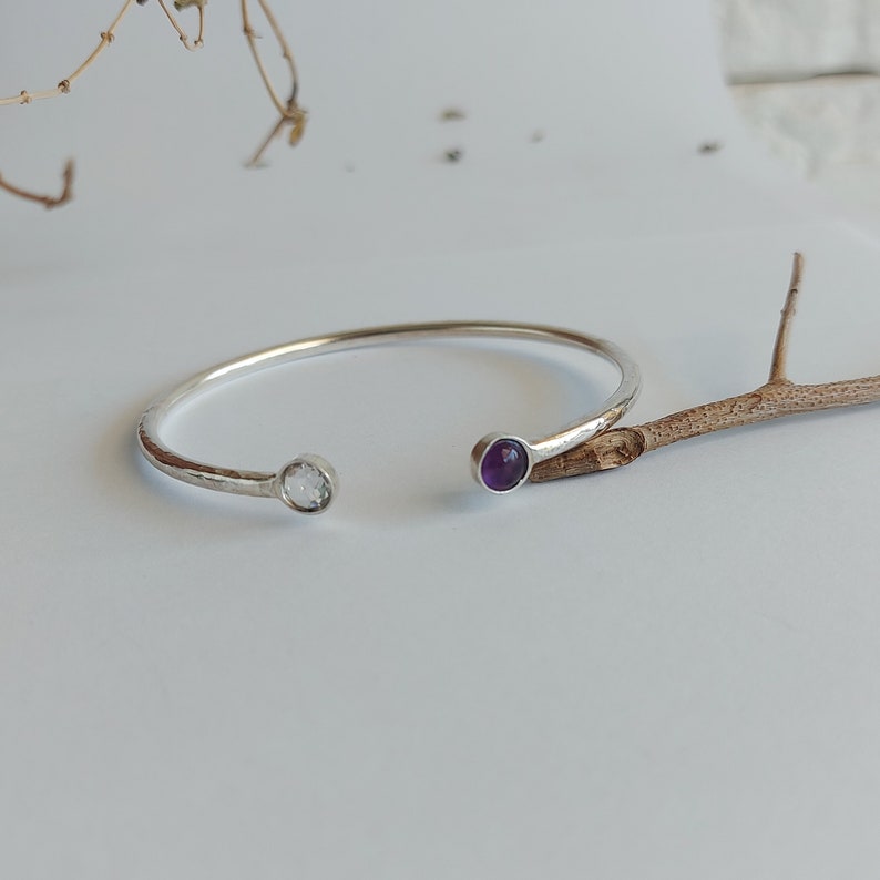 Silver Bangle Bracelet, Birthstone Bracelet, Gemstone Cuff Bracelet, Custom Cuff Bracelet with Stone, Birthstone Jewelry, Anniversary Gift Amethyst, Quartz