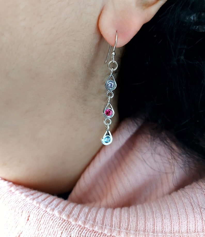 Silver Drop Earrings, Dangle Earrings, Gemstone Drop Earrings, Minimalist Earrings, Long Drop Earrings, Birthstone Earrings for Women, Gift image 3