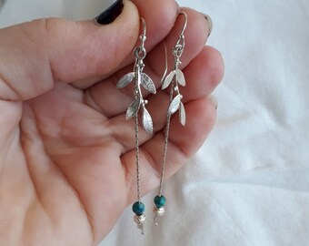 Silver Branch Earrings: Turquoise Bead Dangle Earrings