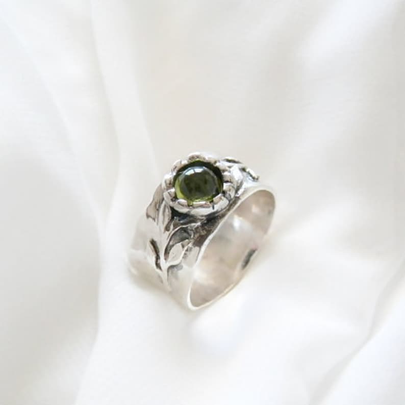 Band ring Peridot Silver ring Israeli Jewelry Green ring Peridot ring Wide Silver ring Silver Branch Ring Olive ring Wide band ring