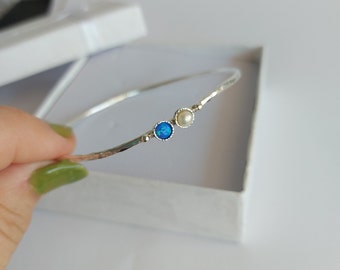 Personalize Bracelet for Woman, Silver Bangle Bracelet, Aquamarine moonstone, Family Birthstone bangle, Custom Jewelry, Mom Gift, Wife Gift