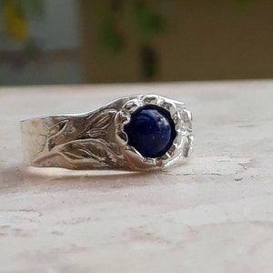 Lapis Lazuli Sterling Silver Band Ring: Handmade Branch Texture
