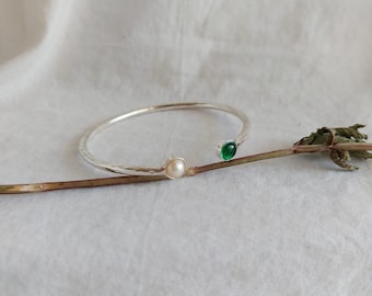 Silver Bangle Bracelet, Sterling silver, Gemstone Bracelet, Minimalist Bracelet, Birthday Gift, Pearl Emerald Bangle, Birthstone Jewelry