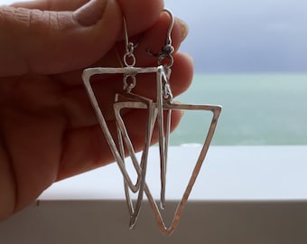 Hammered Sterling Silver Triangle Dangle Earrings: Modern Geometric Jewelry