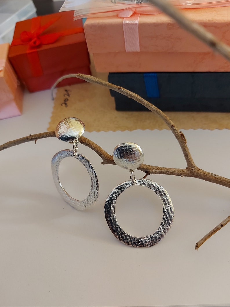 Large Silver Earrings, Dangle earrings for Women, Boho Earrings, Sterling Earrings, Circle Earrings, Statement Earrings, Organic Jewelry image 5