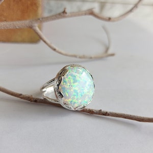 Handmade Large Silver Ring: Lab-Grown Opal Statement Cocktail Ring
