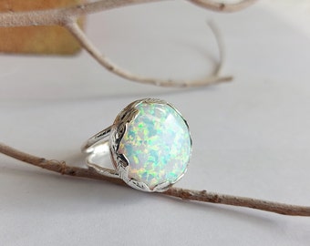 Large Silver Ring, Large Opal Ring, White Opal Ring, Statement Round Ring, Opal Jewelry, Cocktail Ring, Handmade Ring, Unique Silver Jewelry