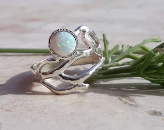 White Opal Sterling Silver Twig Ring: Handmade Branch Ring