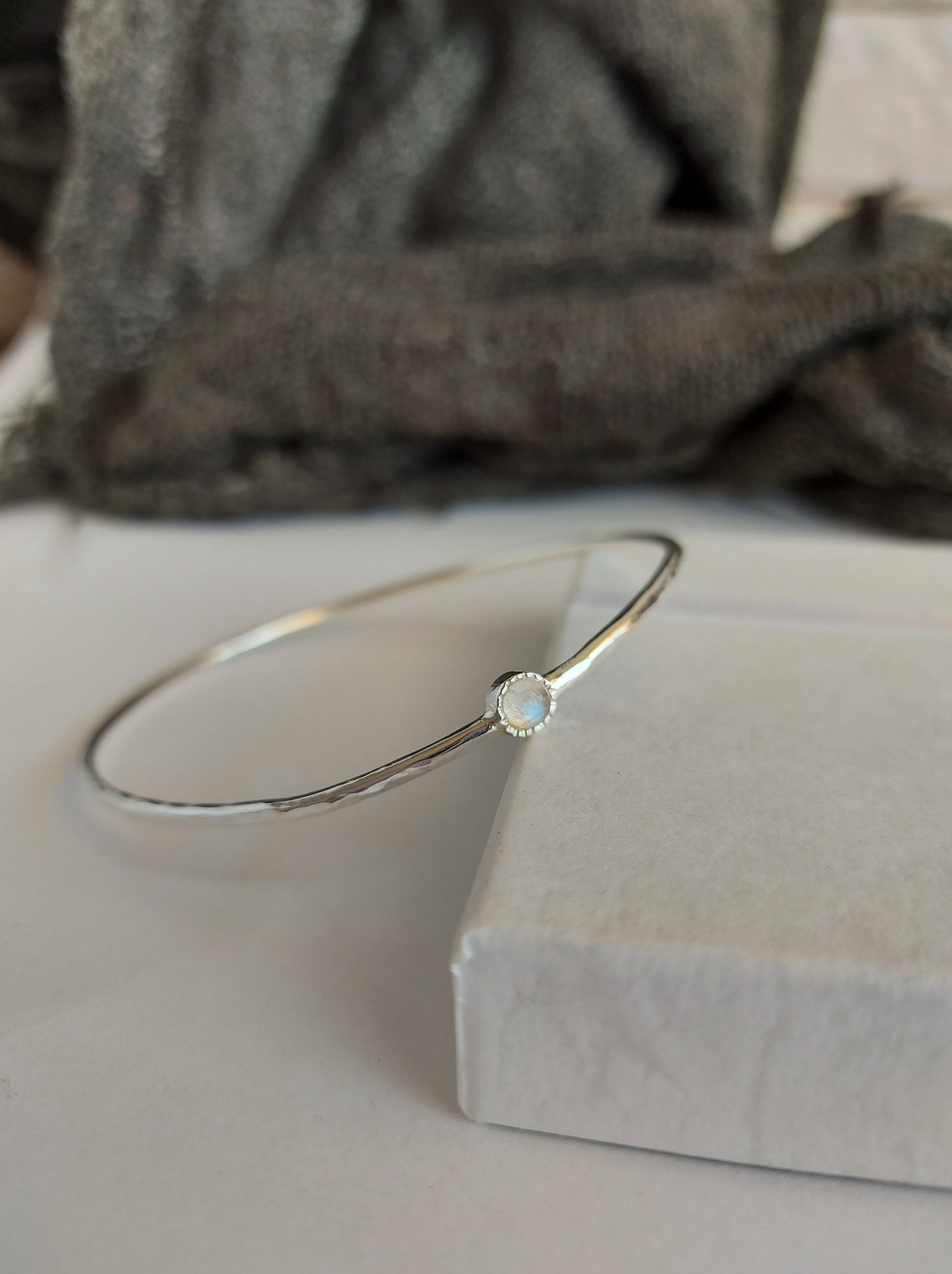 Hammered Sterling Silver Moonstone Bangle Bracelet