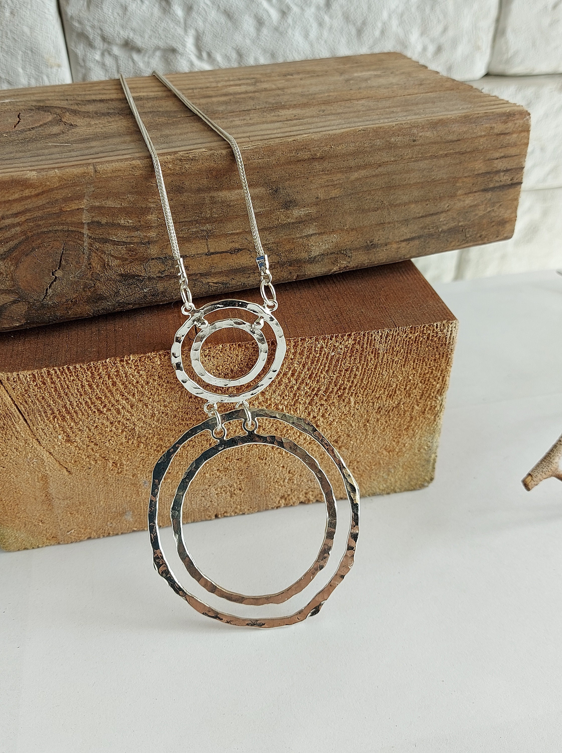 Long Sterling Silver Circles Necklace: Hammered Hoops