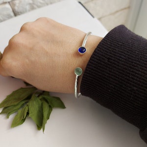 Silver Bangle Bracelet, Birthstone Bracelet, Gemstone Cuff Bracelet, Custom Cuff Bracelet with Stone, Birthstone Jewelry, Anniversary Gift Sapphire, Aquamarine