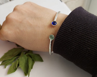 Silver Bangle Bracelet, Birthstone Bracelet, Gemstone Cuff Bracelet, Custom Cuff Bracelet with Stone, Birthstone Jewelry, Anniversary Gift