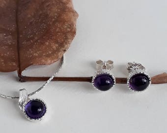 Amethist sieradenset: sterlingzilveren bladketting en oorbellen