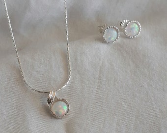 Dainty Opal Jewelry Set: Sterling Silver Necklace and Earrings