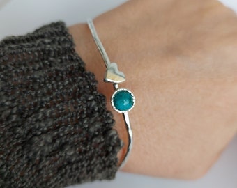 Turquoise Sterling Silver Bangle Bracelet: Hammered Heart Charm