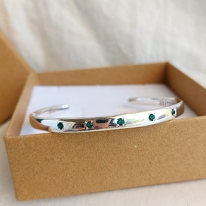 Emerald Sterling Silver Cuff Bangle: May Birthstone Bracelet