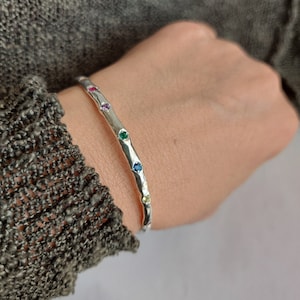 Sterling Silver Family Birthstone Bangle: Personalized Gemstone Bracelet