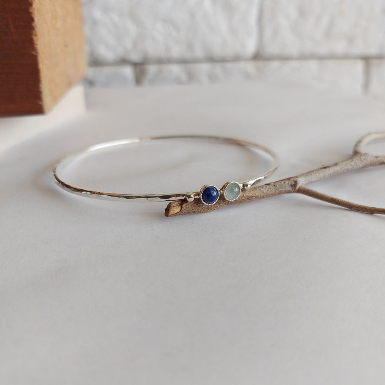 Silver Bangle Bracelet, Personalize Bracelet for Woman, Aquamarine Lapis Lazuli Jewelry, Birthstone Jewelry, Custom Jewelry, Mom Gift image 3