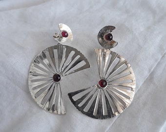 Large silver Earrings, Modern Geometric Statement Earrings, Big Dangle Earrings, Garnet Earrings for Women, Gemstone earrings, Gift for Mom