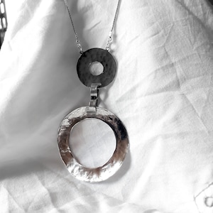 Hammered Sterling Silver Statement Necklace: Long Circle Pendant