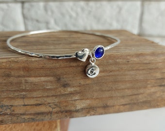 Personalized Bangle Bracelet for Women, Silver Bangle Bracelet, Birthstone Jewelry, Initial Bracelet, Unique Jewelry, Gift for Daughter
