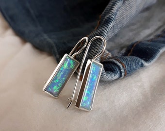 Sterling Silver Opal Rectangle Drop Earrings: October Birthstone