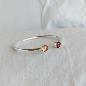 Silver Bangle Bracelet, Birthstone Bracelet, Gemstone Cuff Bracelet, Custom Cuff Bracelet with Stone, Birthstone Jewelry, Anniversary Gift Citrine, Garnet