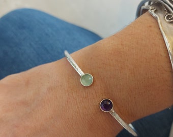 Silver Bangle Bracelet, Birthstone Bracelet, Gemstone Cuff Bracelet, Modern Cuff Bracelet, you and I, Personalized Gift, Love bangle, Gifts