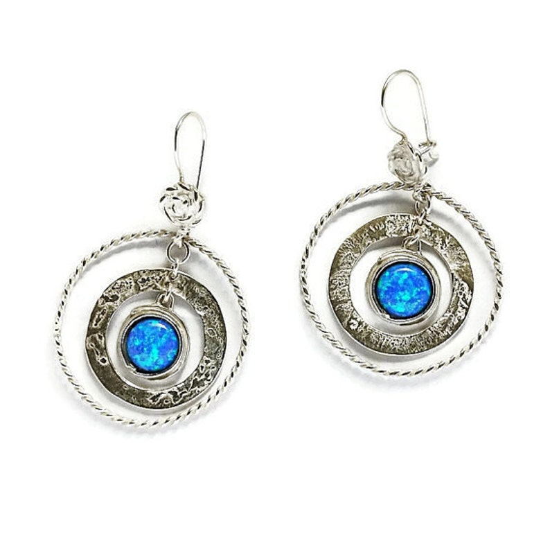 Large Silver Hoop Earrings Dangle Opal Earrings Hoop Etsy