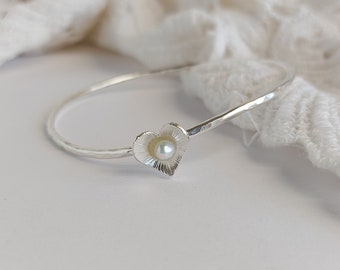 Handmade Sterling Silver Pearl Bangle Bracelet: Heart Stacking Bangle