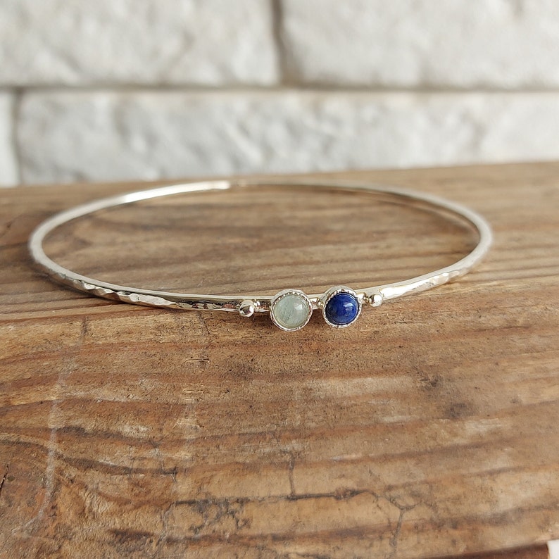 Silver Bangle Bracelet, Personalize Bracelet for Woman, Aquamarine Lapis Lazuli Jewelry, Birthstone Jewelry, Custom Jewelry, Mom Gift image 5