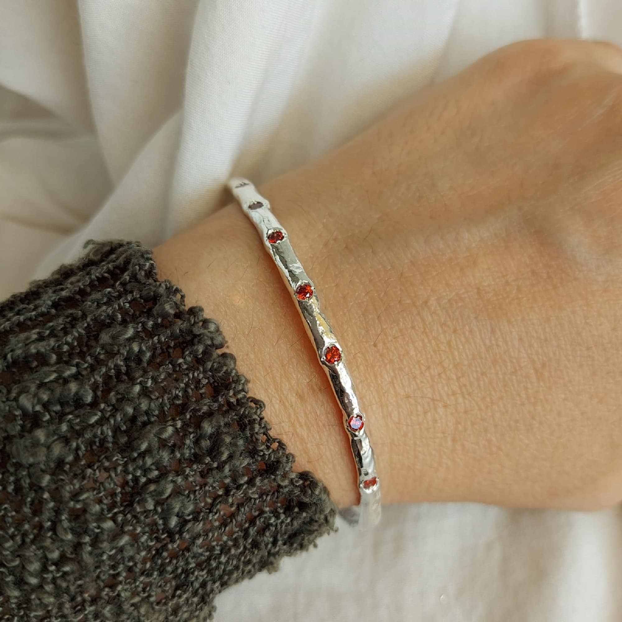 Sterling Silver Garnet Bangle Bracelet: Handmade Gemstone Jewelry