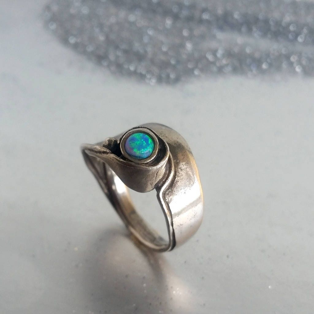Designed silver ring Artisan silver rings Blue Opal ring | Etsy