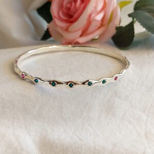 Handmade Sterling Silver Birthstone Bangle: Personalized Family Bracelet