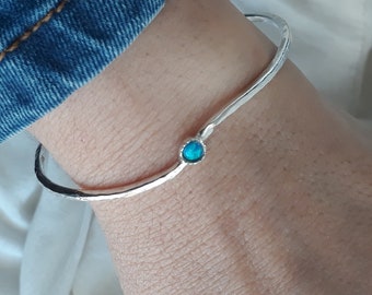 Silver Bangle Bracelet for Women, Hammered Bangle Bracelet, Stack Birthstone Bracelet, Layered Bracelet, Gemstone Jewelry, Birthday Gift