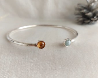 Silver Cuff Bracelet, Birthstone Bracelet, Silver Bangle Bracelet, Gemstone Bracelet, Modern Cuff Bracelet, Citrine Aquamarine Bracelet