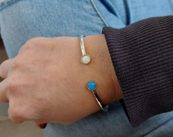 Opal Bangle Bracelet, Personalized Bracelet, Gemstone Bracelet, Birthstone cuff Bracelet, Sterling Cuff Bracelet, 2 stones, Birthday gift