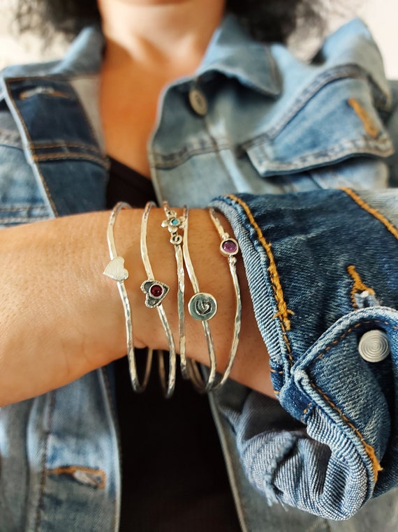 Layered Bracelet for Women, Birthstone Bracelet, Silver Bangle