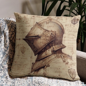 Medieval Armor Basic Pillow | Dark Academia Throw Pillow | Da Vinci Style Technical Drawing | Esoteric & Cabinet of Curiosities Decor