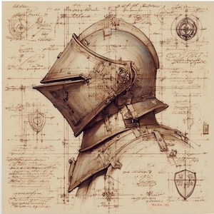 Knight Helmet Anatomy Poster | Leonardo da Vinci Style Technical Drawing | Dark Academia Wall Art | Medieval Blueprint & Esoteric Schema